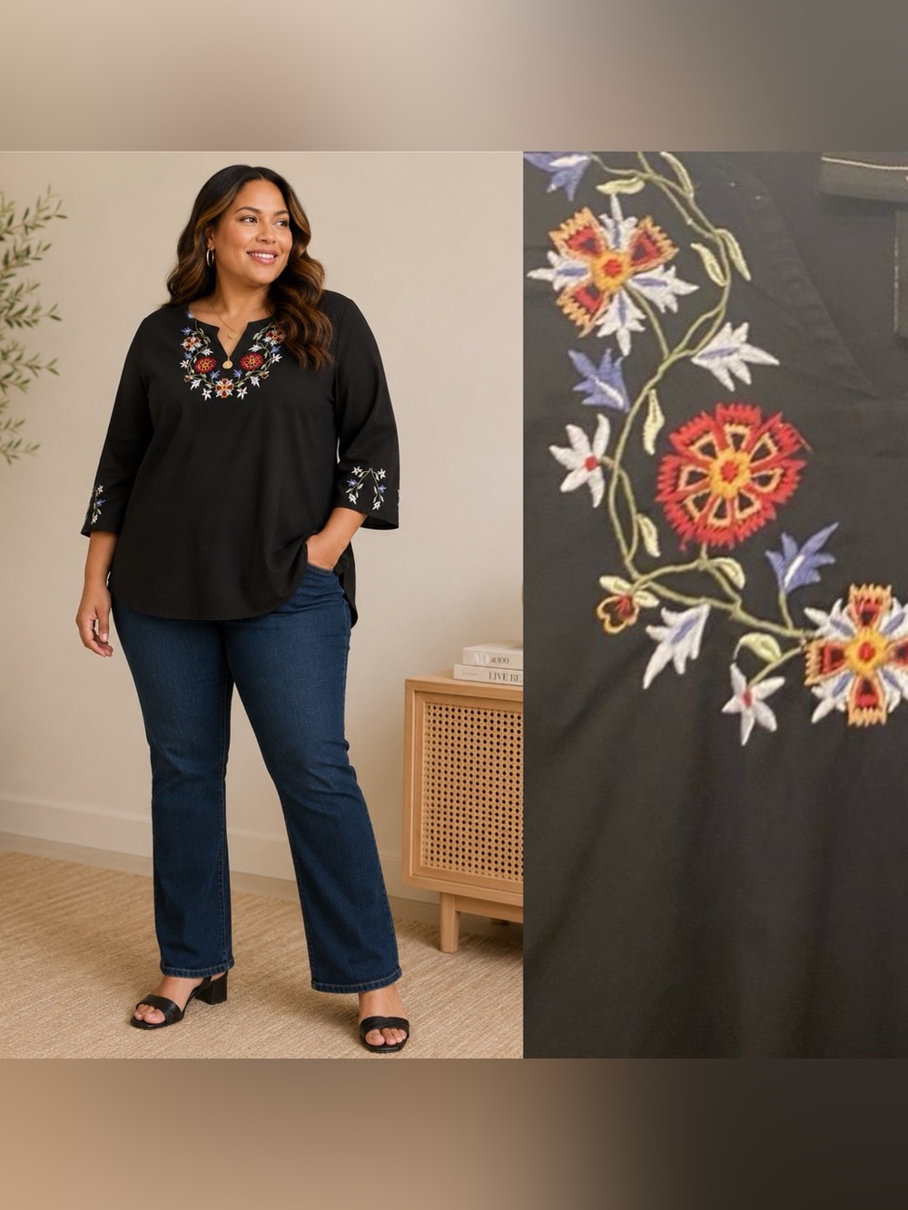 Venezia Black Cotton Embroidered Boho Tunic Blouse Plus Size 18/20 Floral Top